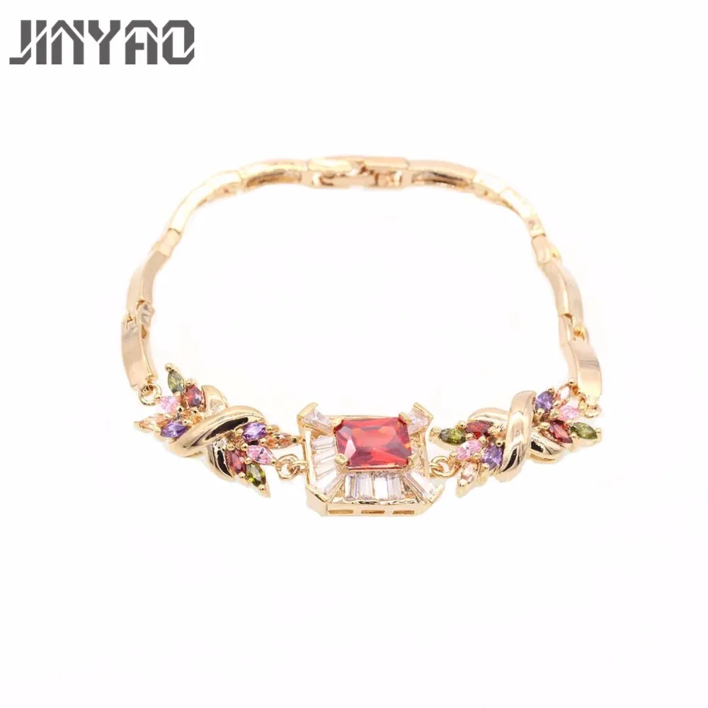 JINYAO роскошный, цвета шампань, золотистый цвет звено цепи браслет для женщин Дамы Сияющий AAA кубический циркон Кристалл ювелирные изделия подарок