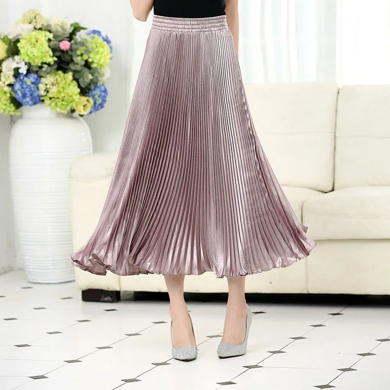 

Metallic luster polyester pleated skirt foreign trade original single long skirt spinning smooth silk