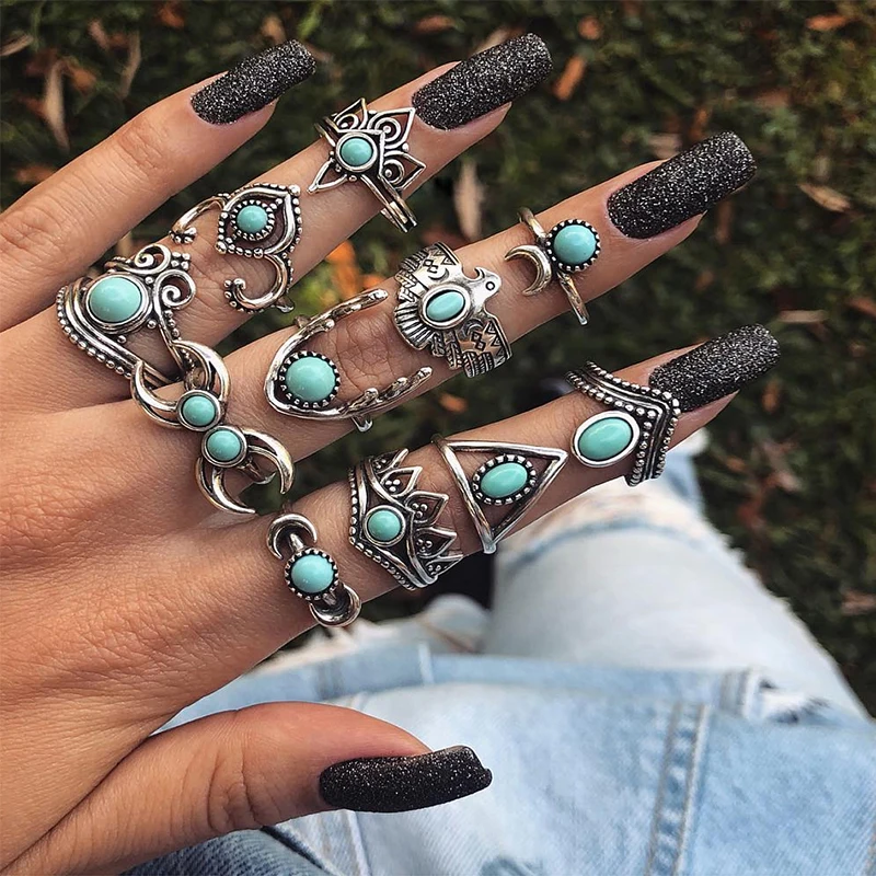 

Punk Women Rings Set Moon Crown Carving Eagle Antler Crystal Geometric Silver Ring Vintage Female Clothing Accessories