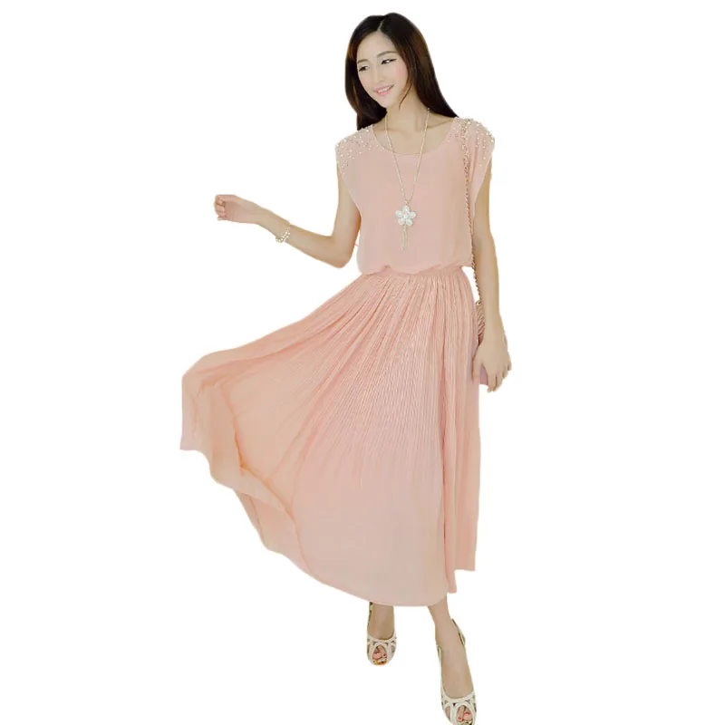 

2018 Summer New Women Chiffon Dress Slimmer Solid Color Round Neck Elegant Pearl Short Sleeve Dress LD042