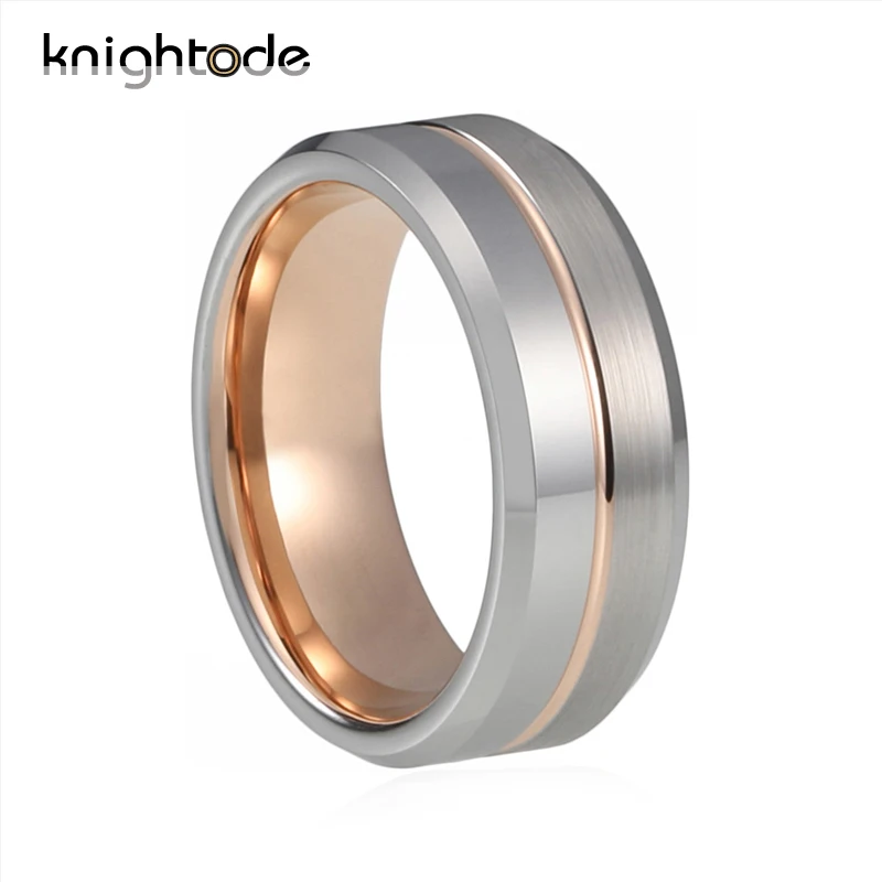 

Knightode Rose Gold Tungsten Wedding Ring For Men Grooved Center Silver Surface Polished And Brushed Finish