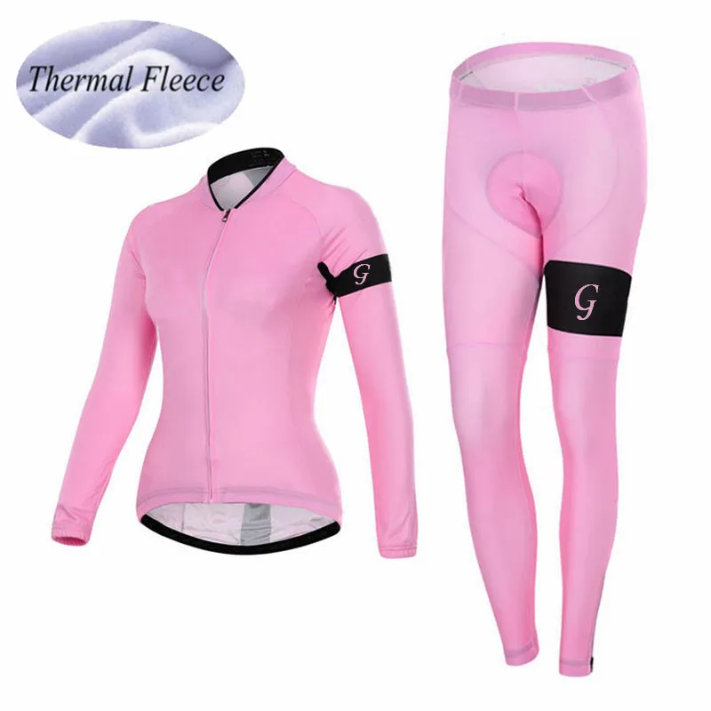 Pink Women's Long Sleeve Winter Thermal Fleece Cycling Jersey Sets/MBT
