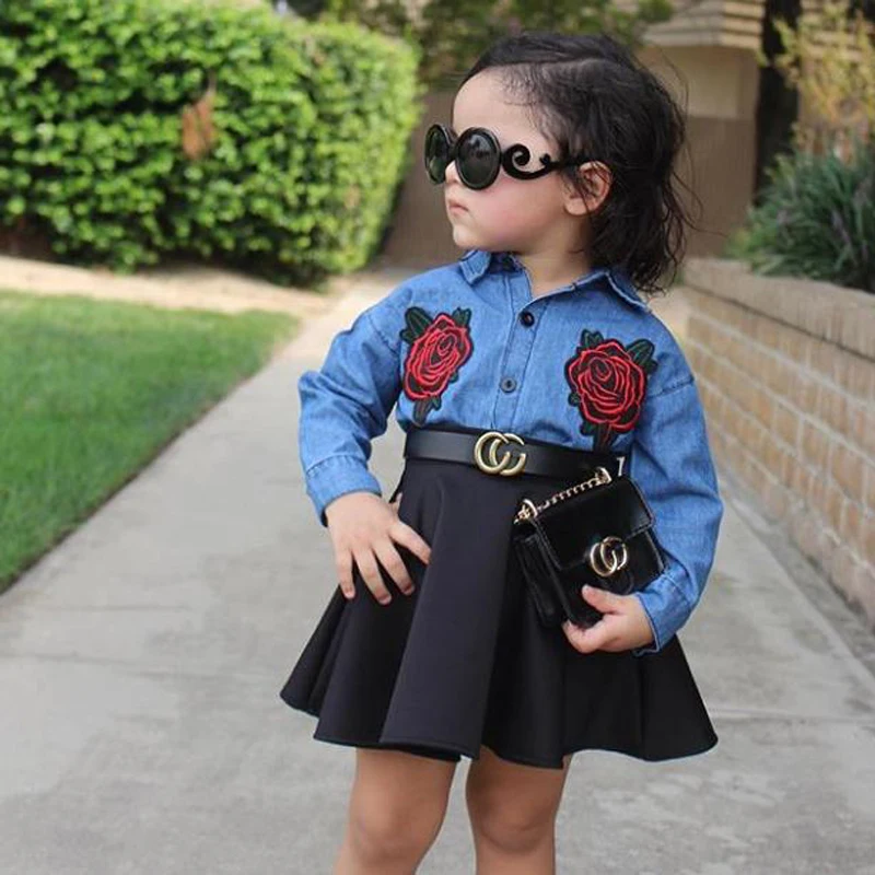 

Baby Girls Clothes Sets Demin Shirt Rose Embroidery Tops Black Ruffled Ruched Skirt 2pcs Cute Bebe Girls Clothing Suits