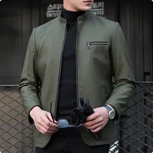 Осеннее Новое поступление, повседневные мужские куртки с воротником-стойкой, натуральная кожа, модные мотоциклетные куртки для мужчин, Chaquetas Hombre Green