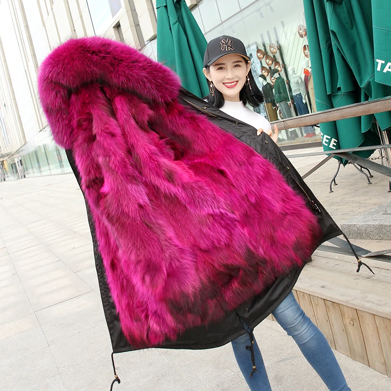 X-long, зимние куртки, пальто для женщин размера плюс, парки из натурального меха енота, mujer, пальто, Толстая Женская парка с натуральным мехом - Цвет: rosered X-long