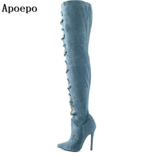 

New brand sexy pointed toe high heel boots 2018 fashion cutout thin heels boots over the knee woman shoes thigh high boots