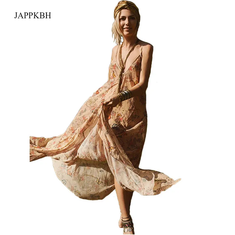 JAPPKBH женское летнее платье 2019 сексуальное, с открытой спиной, бесшовное v-образный вырез с цветочным принтом пляжные платья для вечеринок