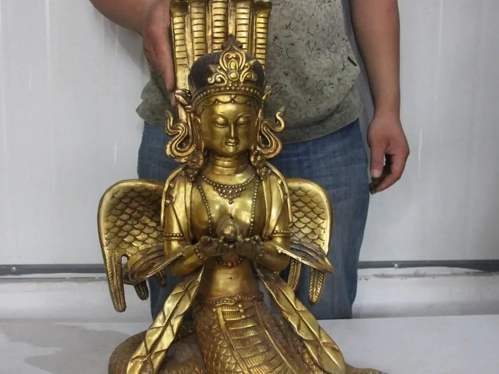 

India Buddhism Temple Bronze Copper Gild 5 Head Snake Fly Naga Buddha God Statue