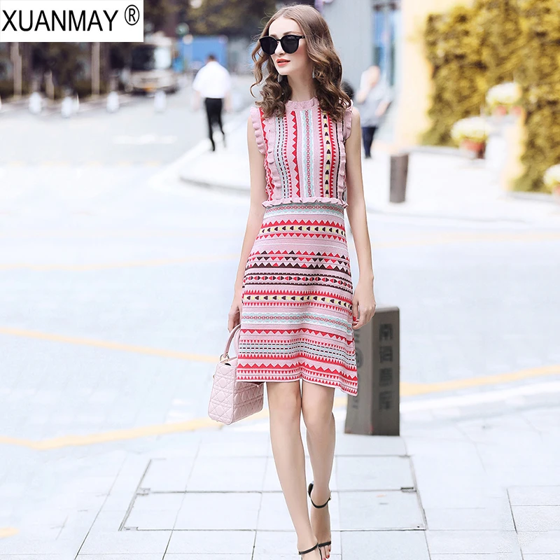 

Summer Slim Love pattern of knitted jacquard Bohemia Sweater Dress Fashion Streetwear Light blue Summer Knit Sweater Dress