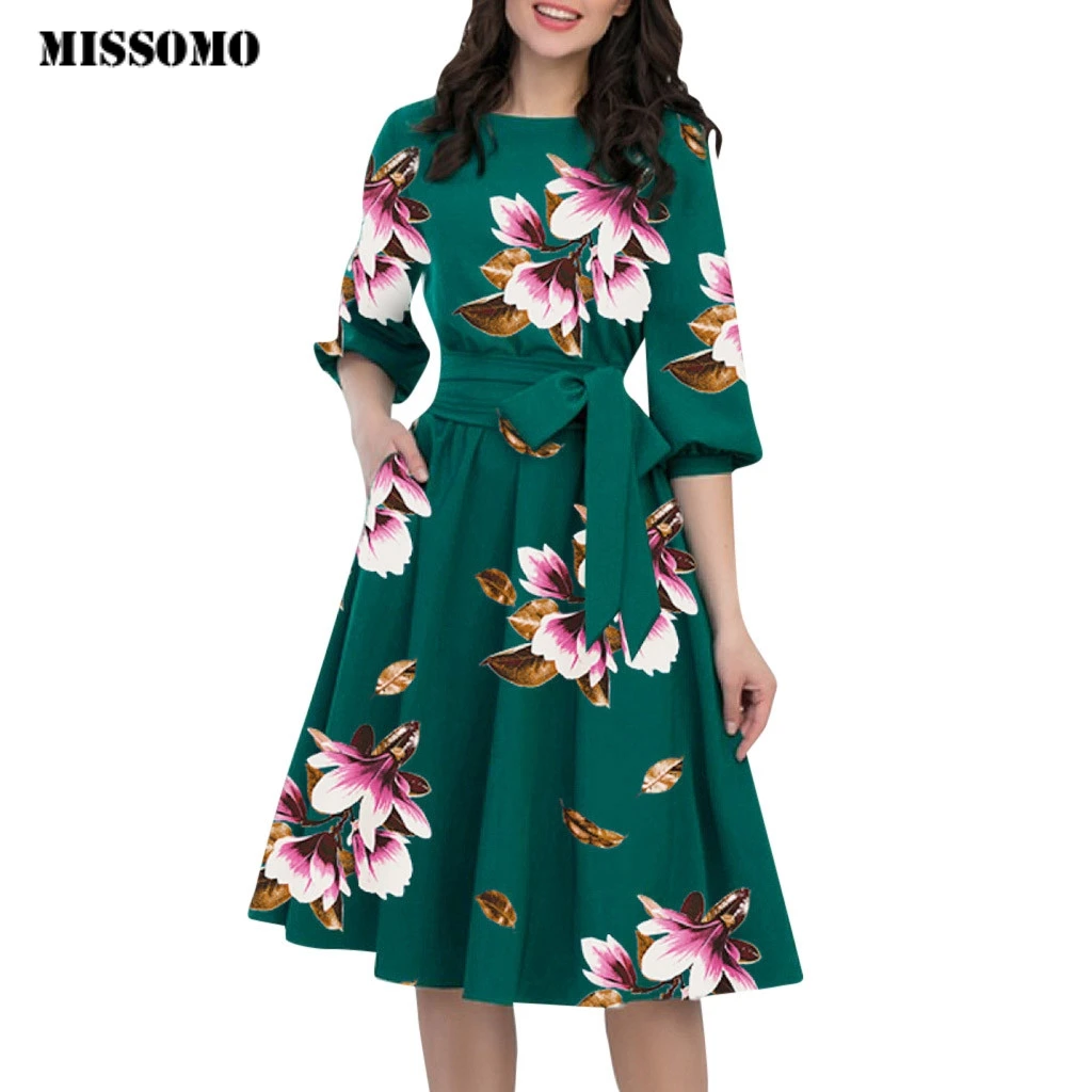 

MISSOMO A-Line Dress Women 2019 Summer Vintage Lantern Sleeve Elegant O-Neck Half Sleeve Pocket Sashes Knee-Length Casual Dress