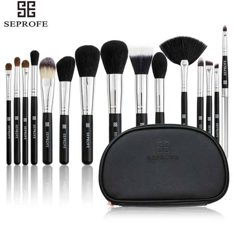 

SEPROFE 15pcs Black Makeup Brushes Set Eyeshadow Powder Foundation Cosmetics Soft Synthetic&Horse Hair With U-shaped zipper bag