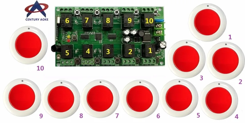 

Беспроводная система дистанционного управления 12 В постоянного тока, 10 А, 10 каналов, 1 приемник + 10 красных круглых передатчиков, индивидуальные кодовые двери/лампа для обучения