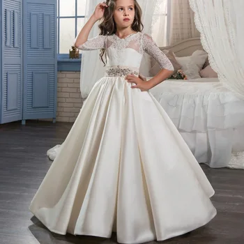 

Princess White Lace Satin Girls Dress Long Girls Formal Holly Communion Dress Party Evening Bridesmaid Custom Made dress