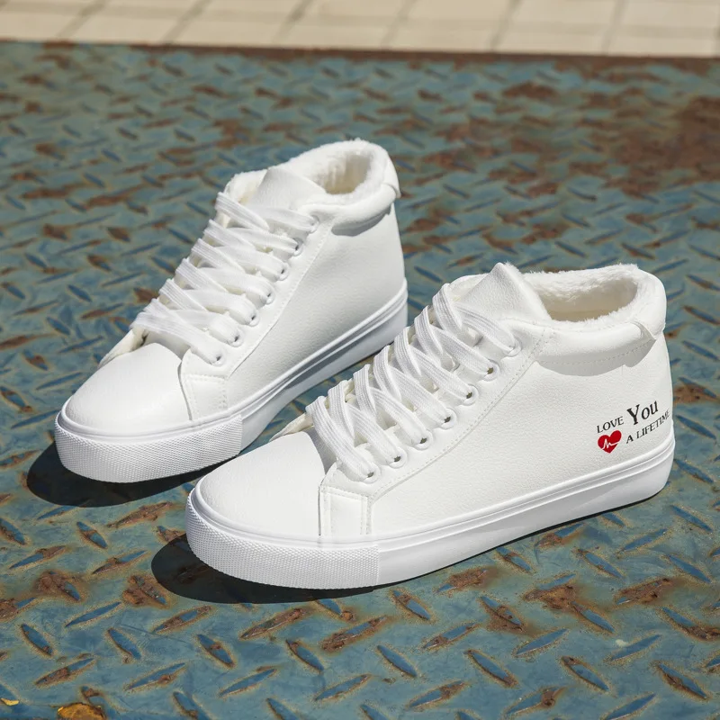 

Winter Sneakers High Top White Shoes Woman 2018 Lace up Warm Cotton Shoes Casual PU Skater Shoes Women Plush Trainers