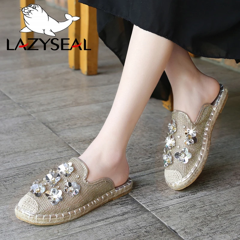 LazySeal/Летняя обувь; женские шлепанцы с круглым носком; Эспадрильи с цветочным принтом; дышащая женская обувь из пеньковой ткани с сетчатым верхом; zapato mujer