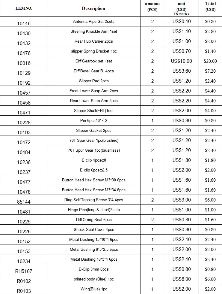 

Spare parts for VRX Racing RH2011/2012 1/10 scale buggy (customer demands)