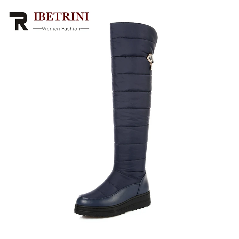 

RIBETRINI Women Winter Down Velvet Knee High Boots Low Wedge Platform Sheos Woman Waterproof Snow Boots Plus Size 35-44
