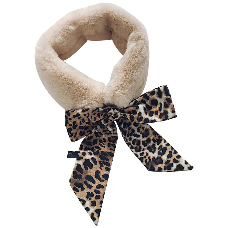 Шарф из искусственного меха леопардовым узором Для женщин теплый кольцо шарф с бантом Женская зимняя обувь меховые шарфы шеи Обертывания