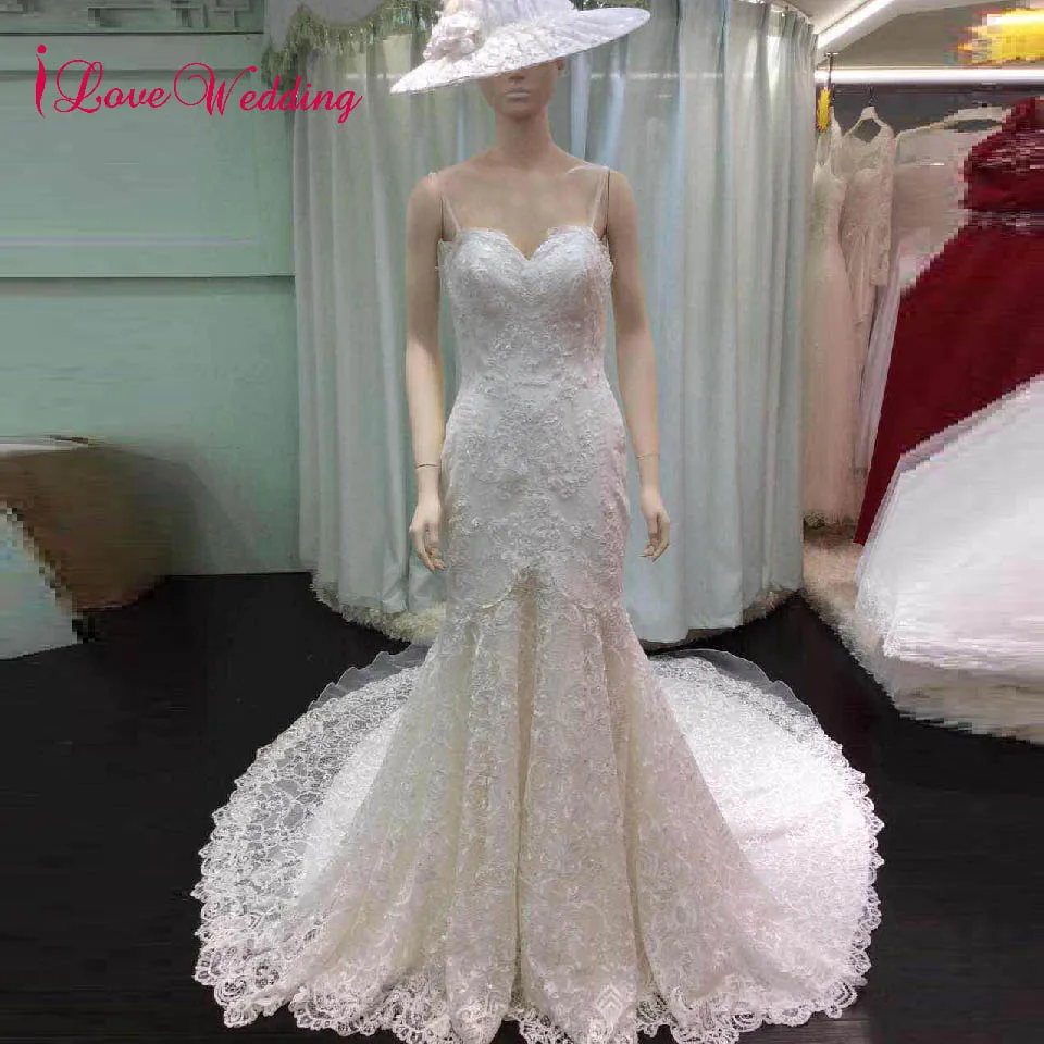 ILoveWedding Vestido de noiva настоящие фото пикантные тонкие бретельки gelinlik Русалка Кружева открытая спина Boho свадебный наряд - Цвет: Слоновая кость