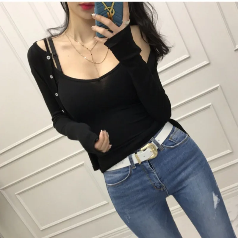 

2018 Summer New Korean Fashion Halter Sling Cardigan SET Two-piece Slim Sweater Women