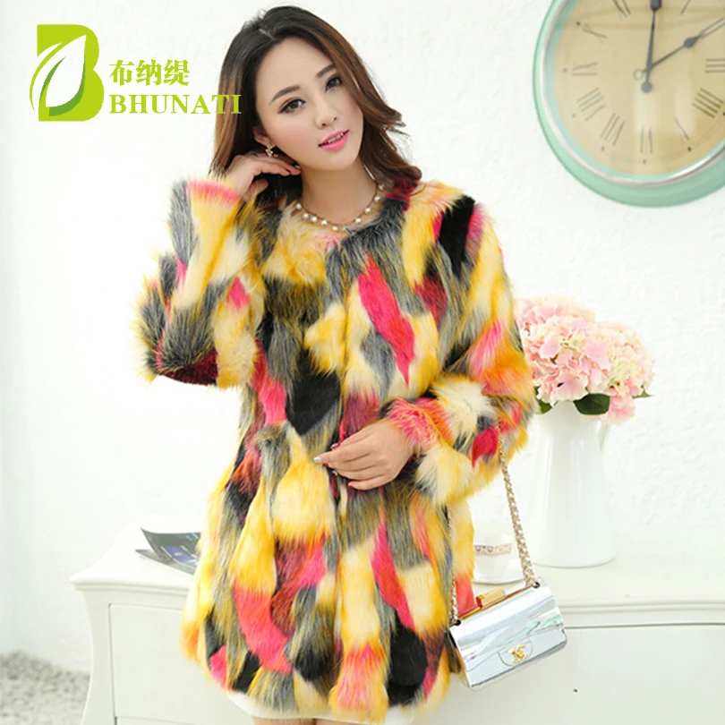 BHUNATI Multicolor Long Faux Fur Coat Women Burning Thermal Artificial Fur Coats Long Sleeve Colorful Thick Overcoat BCD1507061