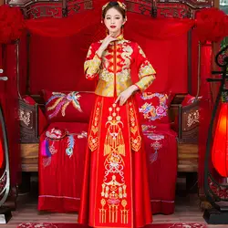 Древние китайские стиль свадьбы шоу свадебное вечернее платье фантазии дракон платье cheongsam кимоно Осень шелковая вышивка красный