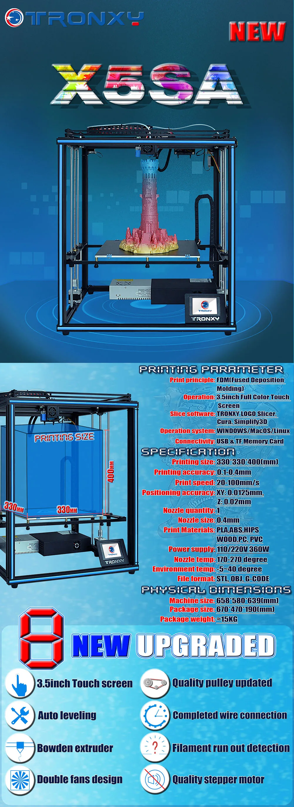 Tronxy X5SA 24 В Дизайн DIY 3d Принтер Комплект металлический с сенсорным экраном и автоматическим уровнем большой размер датчик накаливания печать