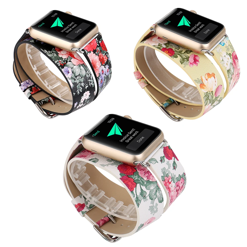 Двойной обертывание чернила цветок мягкий сменный Ремешок Браслет для Apple Watch 42