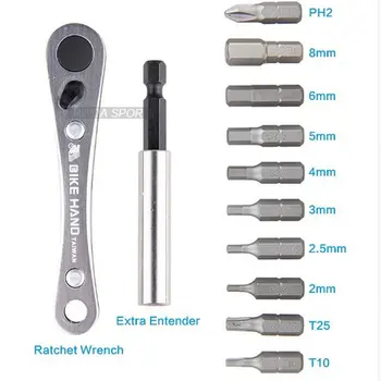 

BIKEHAND 10 In 1 Bicycle Tool Kit Bike Portable MTB Hex Keys Cross Flat Head T25 T10 Screwdriver Head Extension Rod YC-146