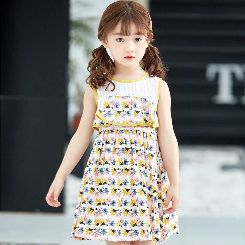 

2019 New Girls Floral Dress for Sping Summer Child's Clothes Sleeveless Dresses for Kids Cotton Knee-length Children Vest Dress