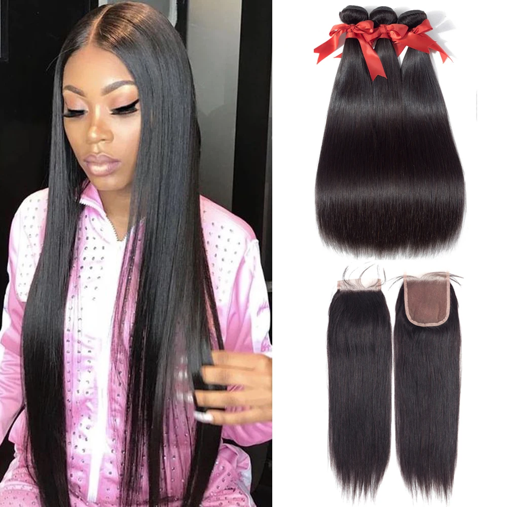 Buy Straight Hair Bundles with Closure Brazilian Human Hair Bundles with