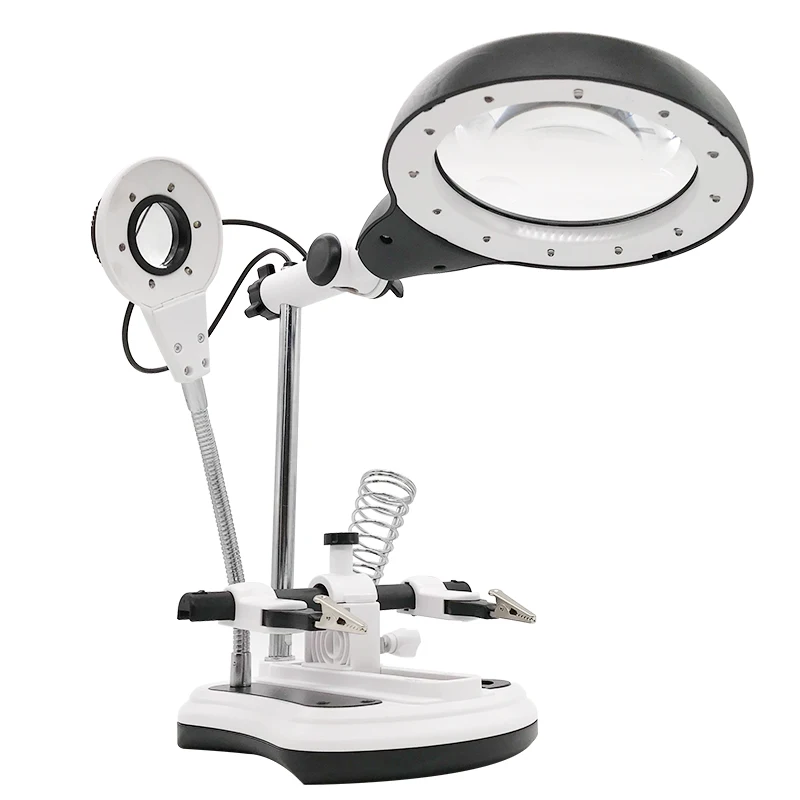 2.5X-10X Illuminated Magnifying Glass for Soldering Iron 18 LED Lighting Desktop Maintenance Auxiliary Clip Type Magnifier Tools