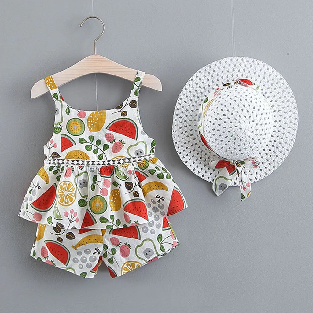 

Newborn Baby Girl Clothes Set Cotton Baby Kids Girls Floral Fruit Strap Tops Shorts Outfits Hat Casual Set OR F506