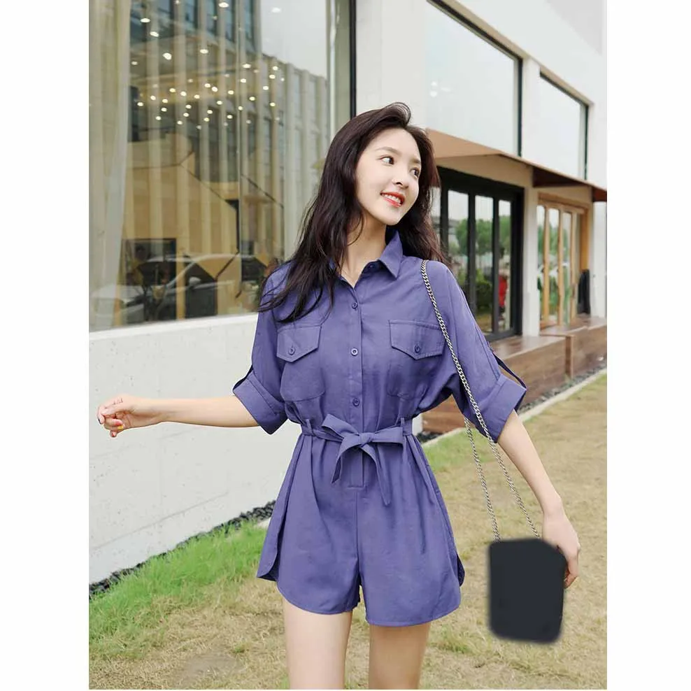 

2019 Summer Mini Jumpsuits Single Breasted Pockets Wide Leg Bodysuits Solid Loose Drawstring Belt Office Jumpsuits