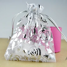 100 шт./лот белые мешочки из органзы 9x12 см) с небольшой платформой, свадебные сувениры Ювелирные изделия Упаковка конфет сумка Роза дизайн подарочная Сумка из органзы чехлов