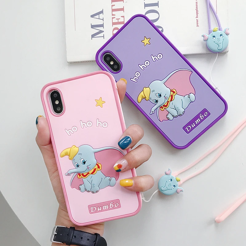 Милый мультфильм Dumbo с ремешком чехол для iPhone X XS XR XSMax 6s 7 8Plus Мягкий силиконовый чехол для телефона задняя крышка Капа+ ремешок