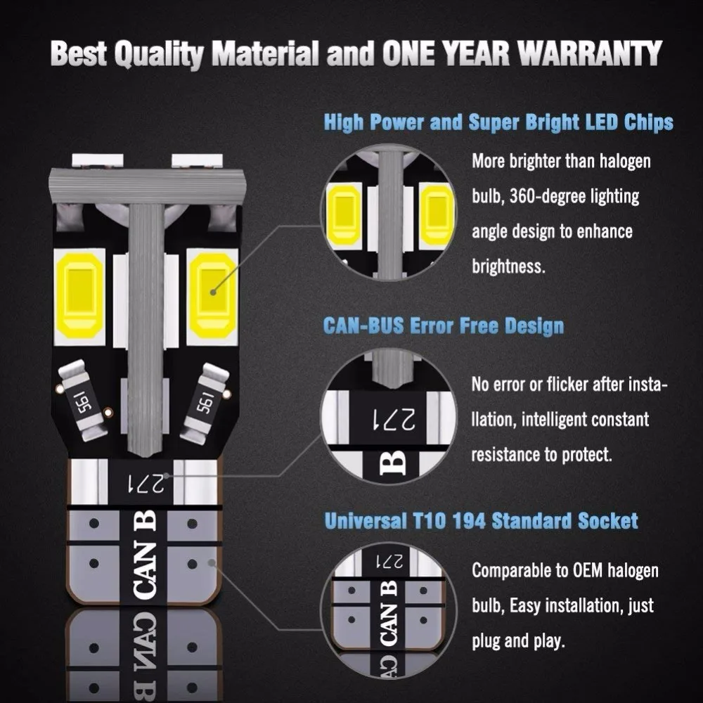 10Pcs 194 168 T10 W5W Error Free LED Light Bulb 5730 Chips LED Bulbs For Interior Dome Map Door Courtesy License Plate Light 12v