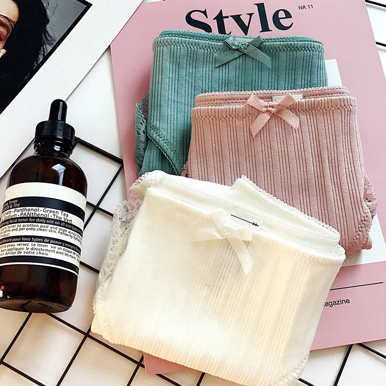 Hanguofeng thread cotton sports white pure color lovely lace edge pure cotton sexy lady mid-waist triangular underwear