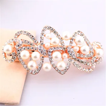 

Korean Style White Plastic Pearl Jewelry for Woman Hollow Rhinestone Hair Bow Barrette Girls' Large Pearl Flower Barrette RY017