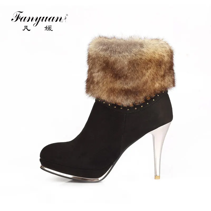 

Fanyuan warm fur Women Ankle Boots High Heels Pointed Toe Winter Boots With Fur zipper Shoes Woman Winter Snow Boots Women