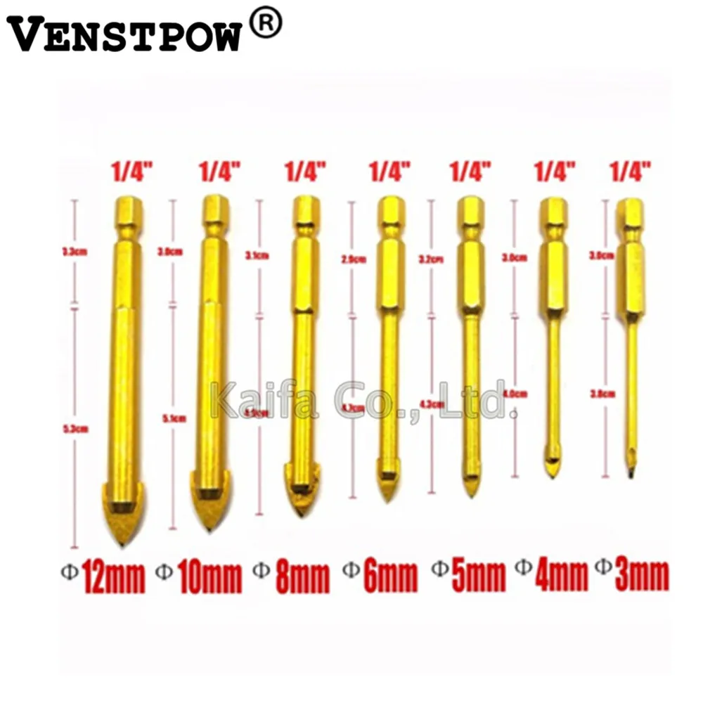 7 шт. Титан покрытием Стекло сверло набор Мощность инструмент Аксессуары 1/4 "3/4/5/6 /8/10/12 мм шестигранным хвостовиком Стекло отверстие