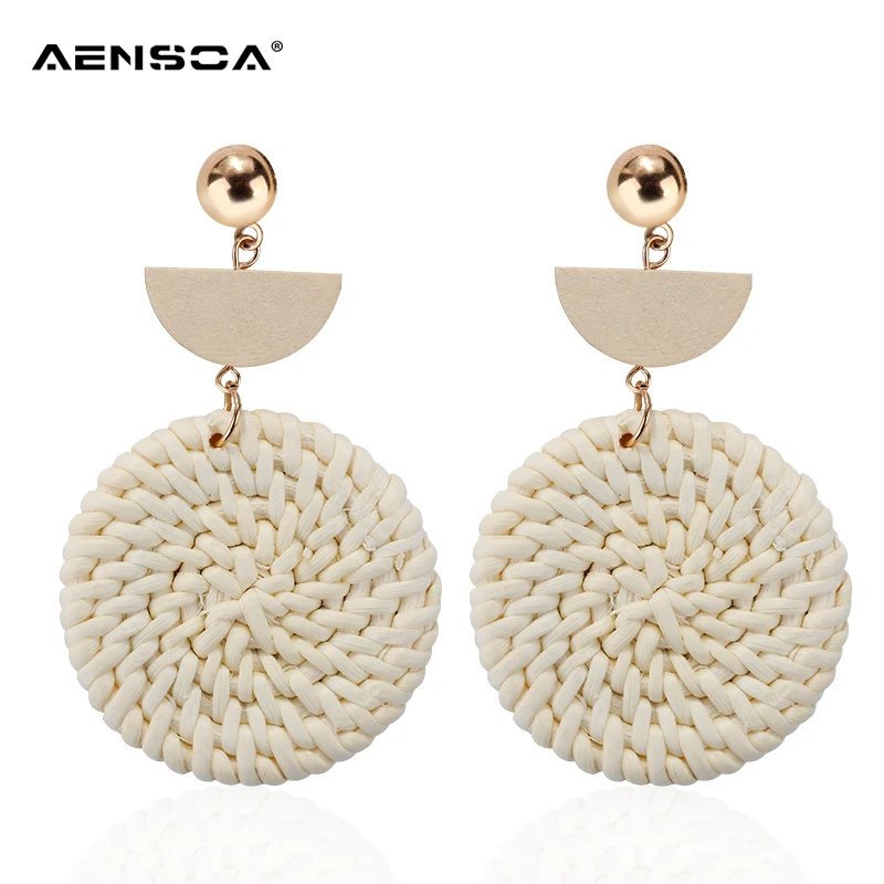 

AENSOA New Simple Handmade Wooden Earrings For Women Straw Weave Rattan Vine Braid Geometric Long Drop Earrings Fashion Jewelry