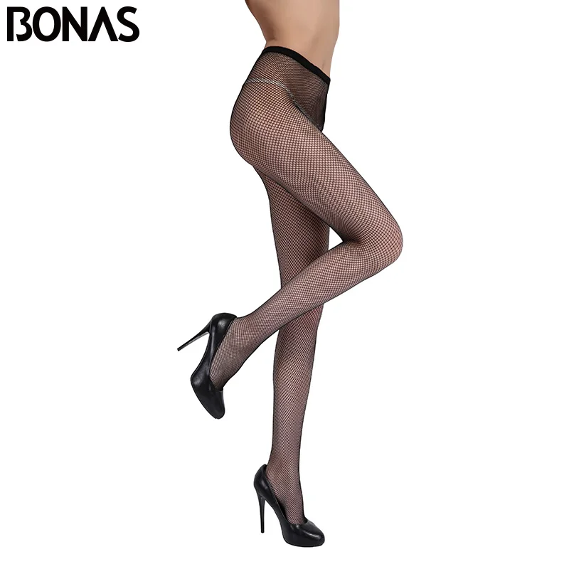 BONAS Small Mesh Nylon Pantyhose For Women's Solid Color Tights Female