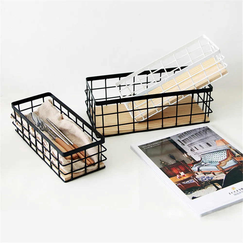 

White Metal Rectangle Storage Basket with Wooden Bottom Home Office Desktop Organizer Frame Kitchen Bathroom Sundries Basket