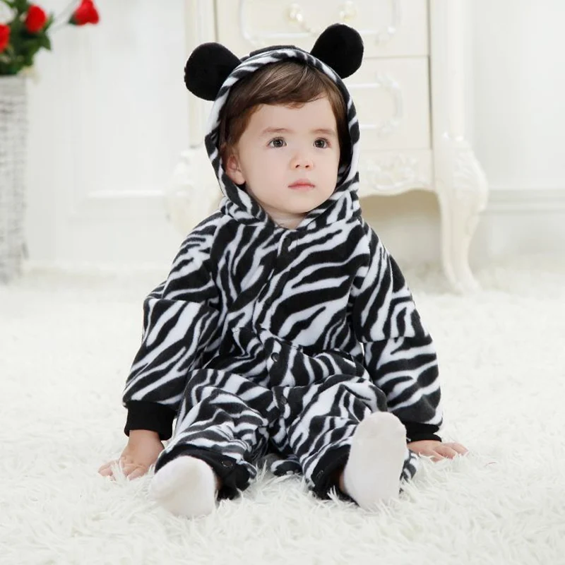 Детский фланелевый комбинезон, милый леопардовый комбинезон в стиле животных, комбинезон с капюшоном и рисунком зебры и слона для новорожденных, весенне-осенняя верхняя одежда для малышей - Цвет: Black
