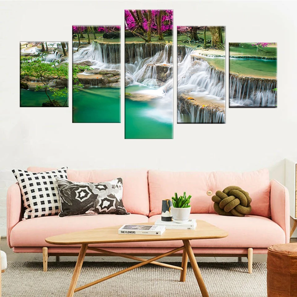 

HD Print Art Painting 5 Piece Purple Tree Waterfall Green Lake Landscape Canvas Painting Living Room Decoration Poster Modular