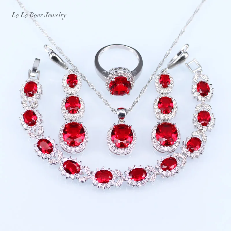

L&B red Garnet silver 925 Wedding Bride Jewelry Sets For Women crystal Bracelet/Earrings/Ring/Pendant/Necklace