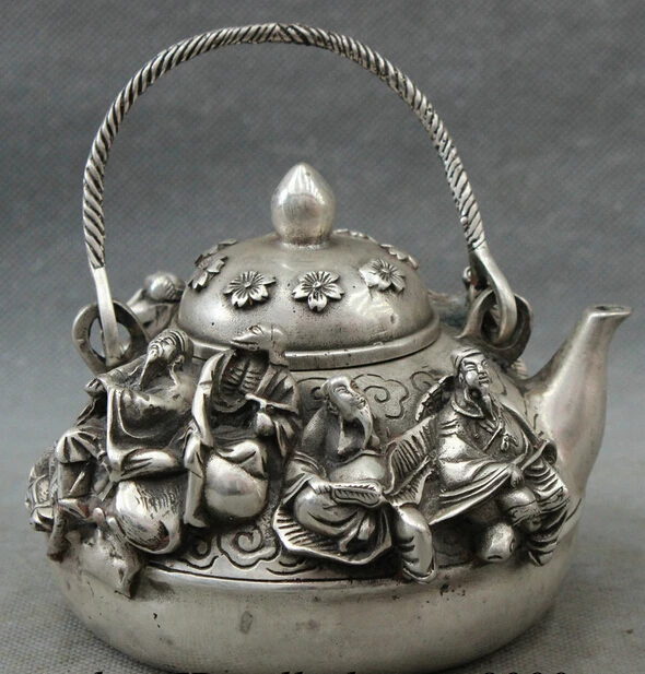 

JP S0608 Folk Chinese Silver Buddhism 8 God Immortal Statue China Brass Wine Pot Teapot Discount 35%