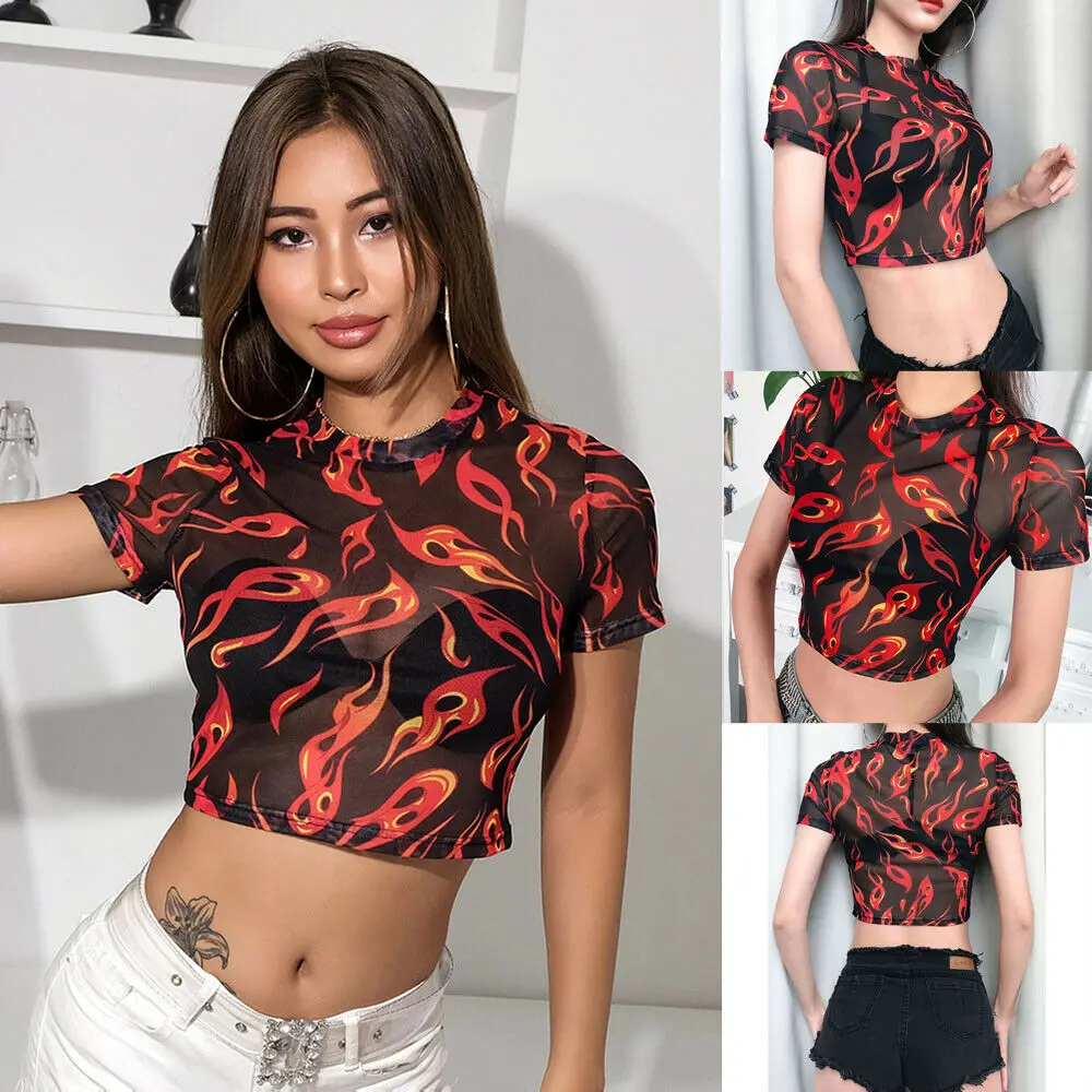 

Hirigin Women Sexy Perspective Short Sleeve Crew Neck Flame Print Sheer Mesh Angel Crop Top Holiday