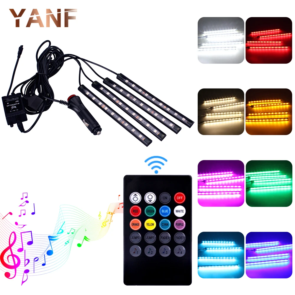 4Pcs Flexible Sound Voice Controller Car Interior RGB LED Strip Light